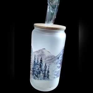 New handmade UVDTF White X-mas - Frosted Glass Cup‎ with Bamboo Lid & Straw